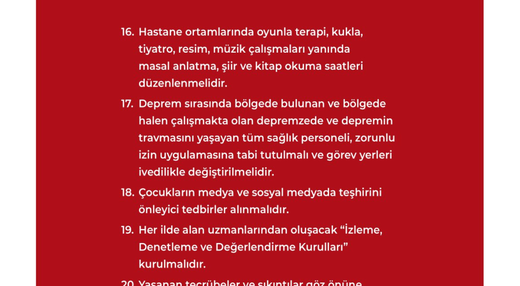 Deprem Afetinden Etkilenen ve Tedavisi Sürmekte Olan Çocuklarımız İçin Acil Eylem Bilgi Notları ve Öneriler